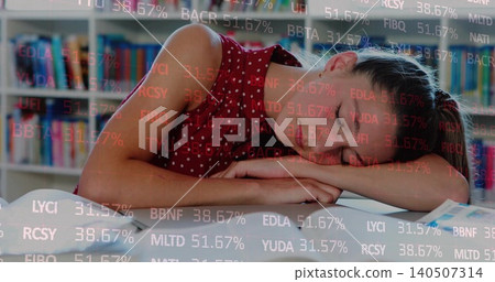Resting student wearing red polka-dots leaning on arms at library, open textbook and ticker overlay 140507314