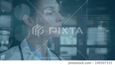 Analyzing overlays, doctor studying charts in clinic near windows with stethoscope, white lab coat Analyzing overlays, doctor studying charts in clinic near windows with stethoscope, white lab coat 140507315