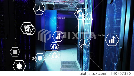 Lighting central row of server cabinets glowing in cooled data center, with AR hexagonal overlays 140507330