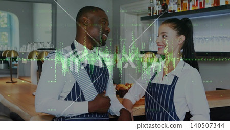 Smiling servers chatting behind cafe counter in navy aprons and striped towel, green waveform Smiling servers chatting behind cafe counter in navy aprons and striped towel, green waveform 140507344