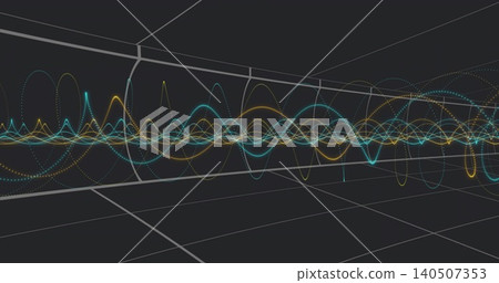 Oscillating overlapping sinewaves filling virtual tunnel with teal-cyan-gold trails, bright nodes Oscillating overlapping sinewaves filling virtual tunnel with teal-cyan-gold trails, bright nodes 140507353