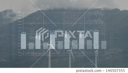 Displaying wind turbines and translucent charts over misty mountain ridge, showing numeric labels Displaying wind turbines and translucent charts over misty mountain ridge, showing numeric labels 140507355