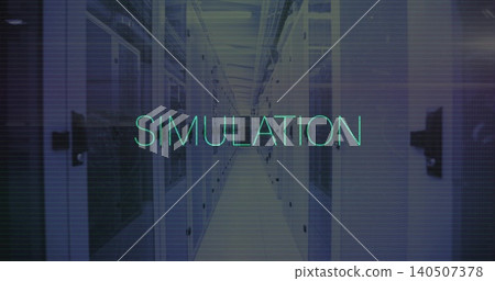 Framing rack aisle showing vented racks cables shiny floor neon SIMULATION glitching in data center Framing rack aisle showing vented racks cables shiny floor neon SIMULATION glitching in data center 140507378