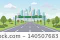 Highway road leading to big city skyline, straight asphalt roadway with blank green traffic signs, flat vector illustration 140507683