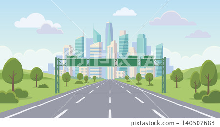 Highway road leading to big city skyline, straight asphalt roadway with blank green traffic signs, flat vector illustration 140507683