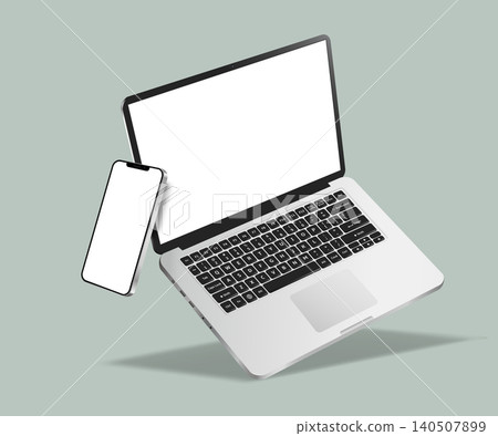 Realistic levitation laptop computer and modern smartphone mockup Realistic levitation laptop computer and modern smartphone mockup 140507899