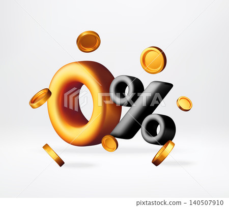 3D Zero percent sign with floating gold coins. 140507910