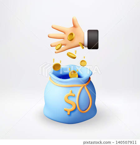 3D hand dropping golden coins into blue money bag 3D hand dropping golden coins into blue money bag 140507911