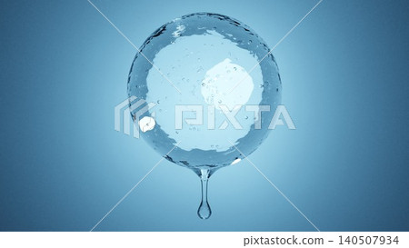 A 3D abstract image of large, transparent bubbles and droplets floating against a blue background. A 3D abstract image of large, transparent bubbles and droplets floating against a blue background. 140507934