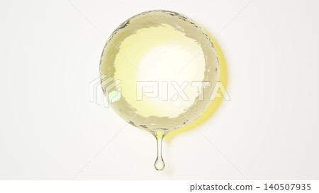 A 3D abstract image of large golden water droplets and drops floating against a bright background. A 3D abstract image of large golden water droplets and drops floating against a bright background. 140507935