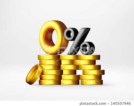3D Golden zero percent sign standing on gold coins 3D Golden zero percent sign standing on gold coins 140507946