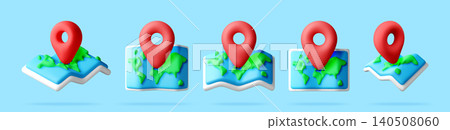 3D set of world maps with red navigation pins. 3D set of world maps with red navigation pins. 140508060