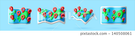 3D world map icon set with red location pins 3D world map icon set with red location pins 140508061