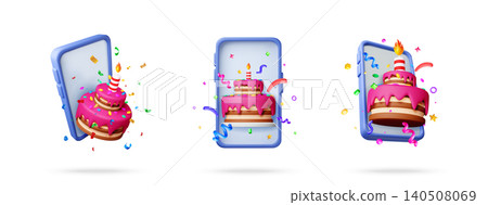 3D set of birthday cake on smartphone screen. 140508069