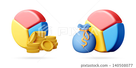 3d pie chart with gold coin stack and money bag 3d pie chart with gold coin stack and money bag 140508077