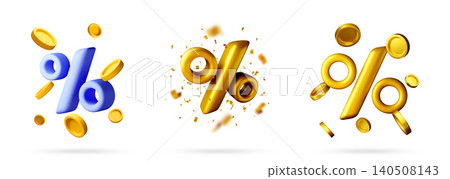 3d set of percent signs with floating coins 3d set of percent signs with floating coins 140508143