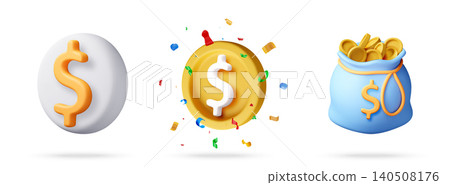 3D set with dollar sign, gold coin and money bag. 3D set with dollar sign, gold coin and money bag. 140508176