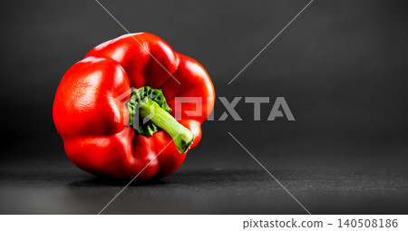 Vibrant red sweet pepper with green stem on dark surface, professional studio shot 140508186