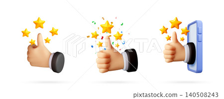 Set of 3D hand icons showing thumbs and stars. Set of 3D hand icons showing thumbs and stars. 140508243