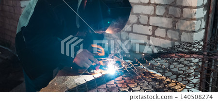 Welder wearing a protective helmet and gloves, joining metal parts of a chain-link fence, generating intense light and sparks during the welding process against a brick wall background. 140508274