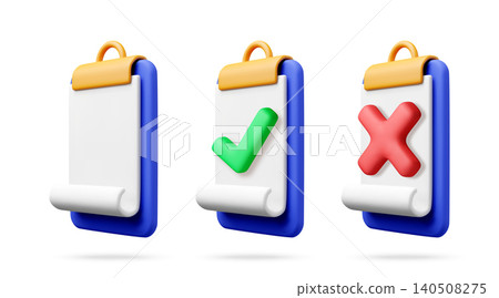 3D clipboard with check mark and cross symbol set. 3D clipboard with check mark and cross symbol set. 140508275