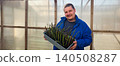 Man holding a tray full of rose stem cuttings ready for planting and propagation inside a greenhouse, representing horticulture, gardening, and growth processes. 140508287