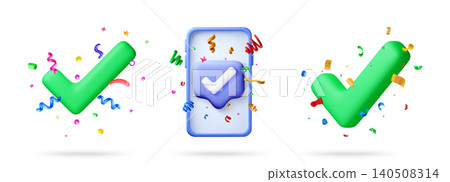 3D set of checkmarks and smartphone 3D set of checkmarks and smartphone 140508314