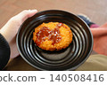 A hand holding a croquette with sauce on it, placed on a plate. 140508416