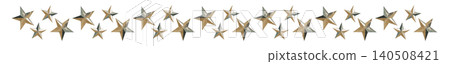 A line of gold stars. Gorgeous decoration. Sparkling stars with a metallic texture. A line of gold stars. Gorgeous decoration. Sparkling stars with a metallic texture. 140508421