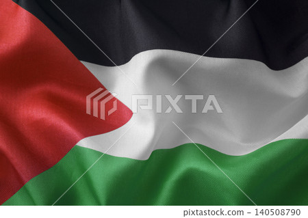 Flag of the Palestine with fabric structure waving in the wind background macro shot 140508790