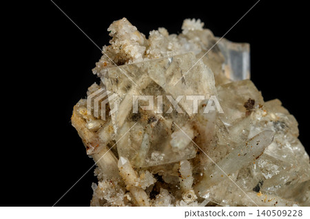 Macro mineral stone fluorite with quartz against black background Macro mineral stone fluorite with quartz against black background 140509228