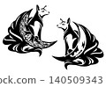 mythical asian fox spirit with nine tails sitting by crescent moon black and white vector outline 140509343