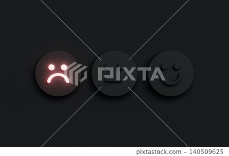 Negative customer feedback concept with glowing red sad face on dark background, 3d rendering. Negative customer feedback concept with glowing red sad face on dark background, 3d rendering. 140509625