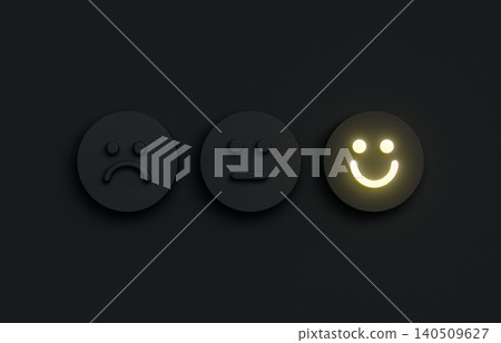 Positive customer feedback concept with glowing yellow happy face on dark background, 3d rendering. Positive customer feedback concept with glowing yellow happy face on dark background, 3d rendering. 140509627