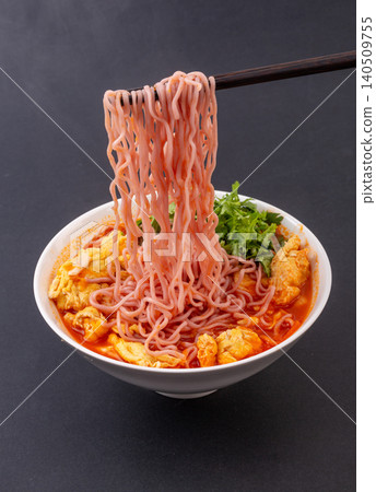 Purple Sweet Potato Noodles in Tomato Sauce with Egg and Cilantro, Chinese Style Purple Sweet Potato Noodles in Tomato Sauce with Egg and Cilantro, Chinese Style 140509755