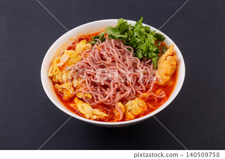 Purple Sweet Potato Noodles in Tomato Sauce with Egg and Cilantro, Chinese Style Purple Sweet Potato Noodles in Tomato Sauce with Egg and Cilantro, Chinese Style 140509758