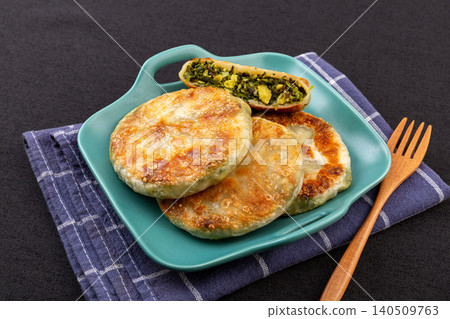 Traditional Chinese Shepherds Purse and Egg Stuffed Pancakes, Savory Flatbread Snack 140509763