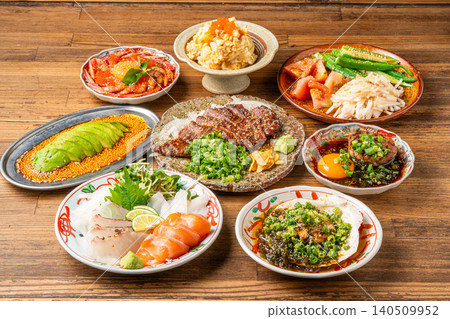 A colorful assortment of Japanese-style izakaya dishes, perfect for banquets and drinking parties. A colorful assortment of Japanese-style izakaya dishes, perfect for banquets and drinking parties. 140509952