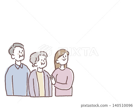 An elderly couple and their daughter look up to the upper right. An elderly couple and their daughter look up to the upper right. 140510096