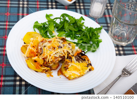 Pork with baked potatoes and vegetable salad Pork with baked potatoes and vegetable salad 140510100