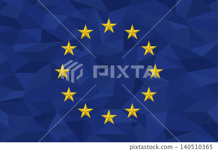 Vector illustration of the official flag of the European Union featuring twelve golden stars in a circle on a blue background. The design is rendered in a modern geometric low poly pattern with mosaic Vector illustration of the official flag of the European Union featuring twelve golden stars in a circle on a blue background. The design is rendered in a modern geometric low poly pattern with mosaic 140510365
