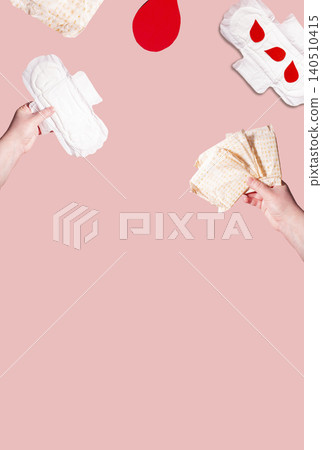 Flat lay of female critical day and hygiene accessories. Conceptual image of menstruation and woman health topics Flat lay of female critical day and hygiene accessories. Conceptual image of menstruation and woman health topics 140510415