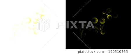 A collection of luminous yellow spheres drift across a split background, one side bright white, the other deep black 140510533