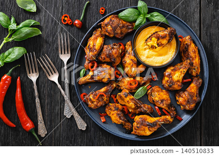 Roasted chicken wings appetizer with dip on plate Roasted chicken wings appetizer with dip on plate 140510833