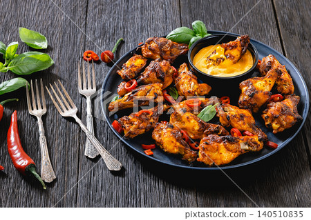 Appetizer chicken wings and creamy dip on a plate Appetizer chicken wings and creamy dip on a plate 140510835