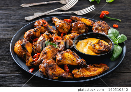 Char-grilled chicken wings on a plate with sauce Char-grilled chicken wings on a plate with sauce 140510840