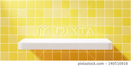 Yellow tile wall with white shelf mockup. Minimal bathroom interior background with sunlight. Empty ledge display for cosmetic product presentation or branding design. 140510916