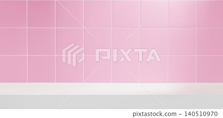 Pink 3d kitchen or bathroom scene with white table and tile background. Realistic room with shelf for product display Pink 3d kitchen or bathroom scene with white table and tile background. Realistic room with shelf for product display 140510970