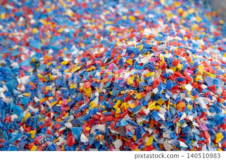 Plastic colorful pieces recycling shredded for industrial use. 140510983