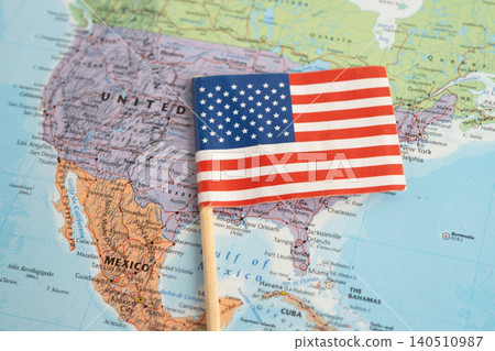 Bangkok, Thailand November, 2024 US America flag on world map. Bangkok, Thailand November, 2024 US America flag on world map. 140510987